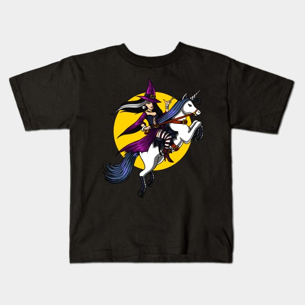 Witch Riding A Unicorn Kids T-Shirt by underheaven